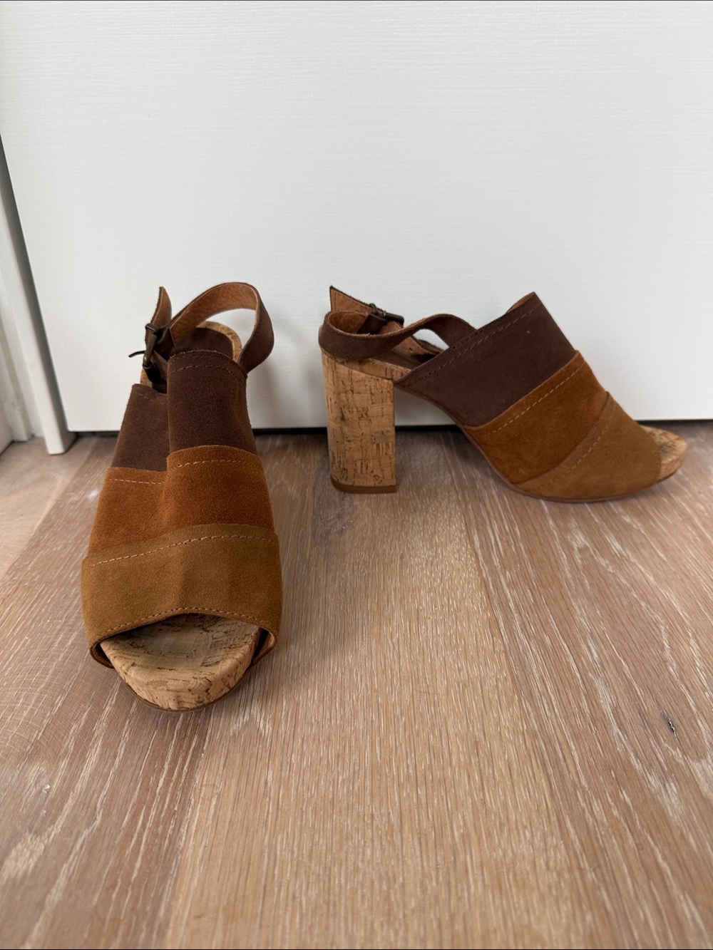 MTNG Three-Tone Brown Suede Cork Block Heels